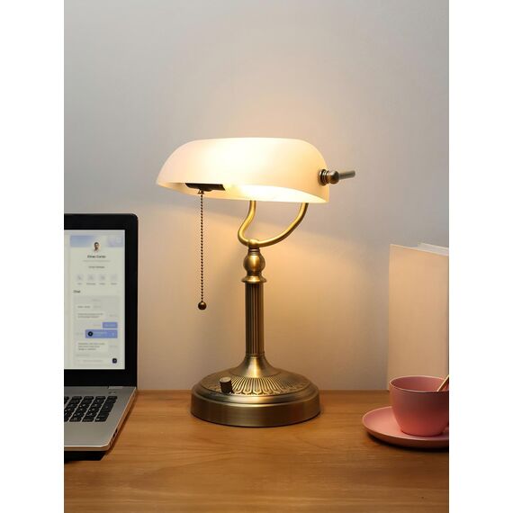 Newrays White Mattglas Banker Schreibtischlampe, stufenloser dimmbarer Tischlampenstopfen für Studien, Home Office, Bibliothek, LED -Glühbirne inklusive