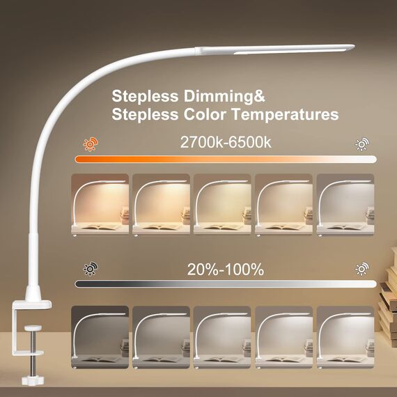 Hokone Schreibtischlampe LED Klemmbar, Dimmbar Klemmlampe mit 4 Farben und 10 Stufenlose Helligkeitsstufen, Schwanenhals Klemmleuchte Flexible 360°, Bürotischlampe Schwanenhals Lampe für Büro, Weiß