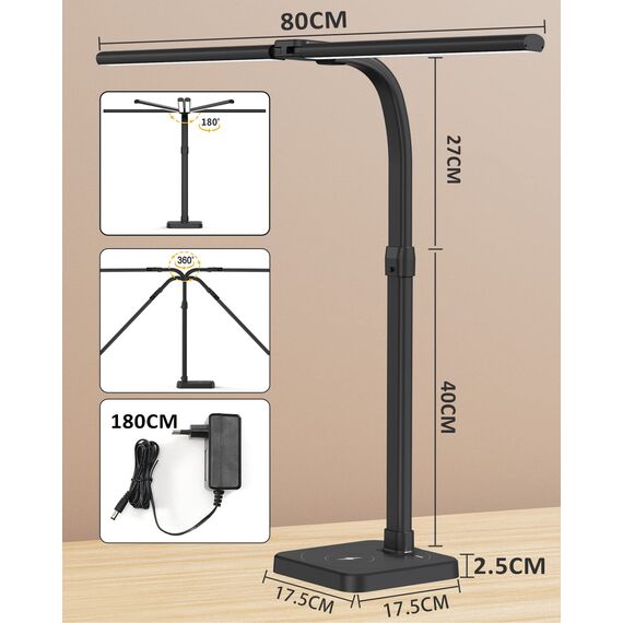 tantu Schreibtischlampe Led Dimmbar,24W 80CM Doppelkopf Schreibtisch Lampe, 5 Farb 5 Helligkeitsstufen Bürolampe Schwanenhals, Schreibtischlampe mit Sockel (Schwarz)