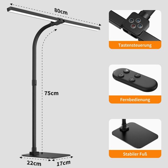 Kaulsoue Doppelkopf Schreibtischlampe LED dimmbar, Schreibtischlampen mit Fuß, 24W 80cm Tageslichtlampe, Augenpflege 5 Farbtemperaturen 5 Helligkeit, für Arbeit,Haus,Büro,Schlafsaal, Studie,Lesen