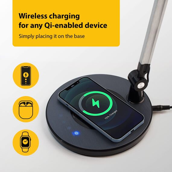 OTUS Schreibtischlampe LED Dimmbar mit Kabelloser Ladefunktion (Qi Wireless Charger) | Verstellbare Tischlampe mit 3 Farbmodi & 12 Helligkeitsstufen | Augenschonendes Licht für Home Office & Arbeiten