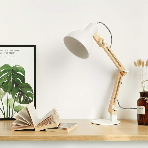 tomons Schreibtischlampe, LED Tischlampe im Klassichen Holz-Design, Nachttischlampe, Lampe mit Verstellbarem Arm, Tischlampe Wohnzimmer für Zimmer Büro, Weiß
