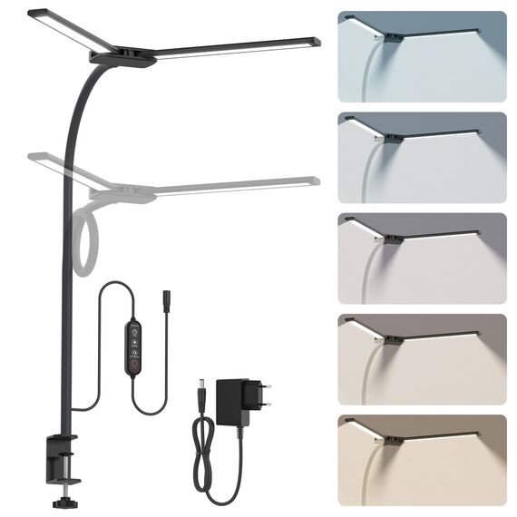 rigors 60CM Doppelkopf Schreibtischlampe LED Dimmbar, 900LM Tageslichtlampe für Schreibtisch, Klemmbar Augenschutz Bürolampe 5 Farb 10 Helligkeit, 360° Schwanenhals Tischlampe mit Netzadapter