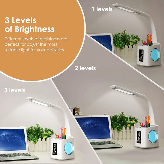 Schreibtischlampe Kinder LED, Tischlampe 10W Touch Dimmbar, Nachttischlampe Tischleuchte 7 in 1 mit 3 Helligkeitsstufen/USB-Anschluss/256 RGB/Stifthalter/Uhr/Kalender und LCD-Bildschirm Leselicht Büro