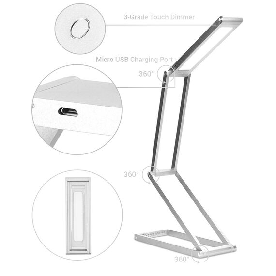 kwmobile LED Aluminium Tischlampe faltbar - Akku Nachttisch Leselampe dimmbar Micro USB Ladekabel - Akku Schreibtischlampe Faltlampe in Silber