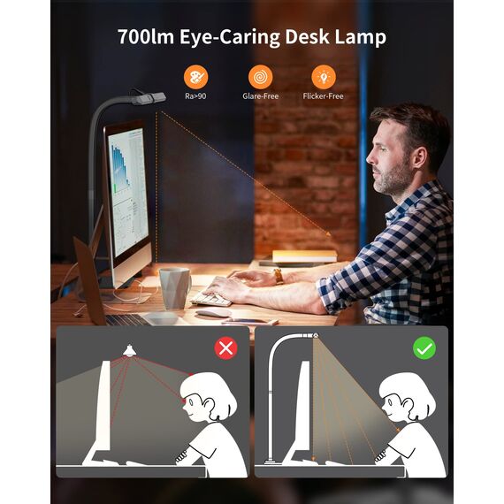 KableRika Schreibtischlampe LED Dimmbar, 12W Augenschutz Arbeitslampe für Homeoffice, Verstellbarer Schwanenhals Architektenlampe, Büro Tischlampe, Monitor Lampe mit 6 Farbmodi, Auto-Dimmen - Schwarz