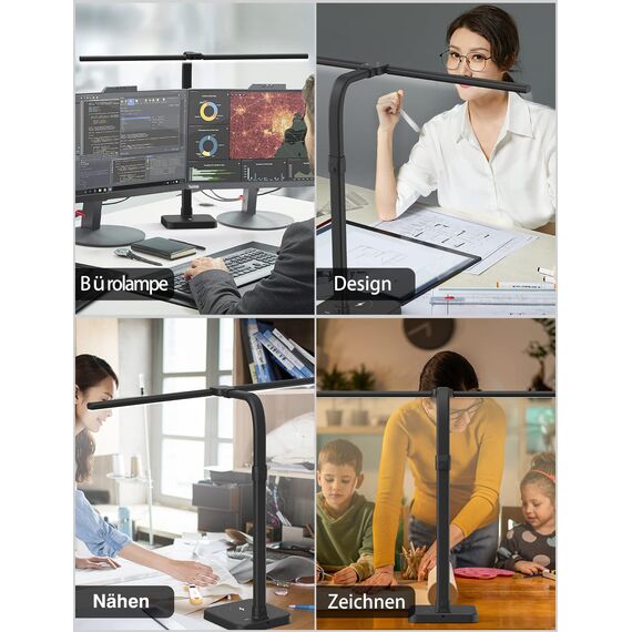 tantu Schreibtischlampe Led Dimmbar,24W 80CM Doppelkopf Schreibtisch Lampe, 5 Farb 5 Helligkeitsstufen Bürolampe Schwanenhals, Schreibtischlampe mit Sockel (Schwarz)
