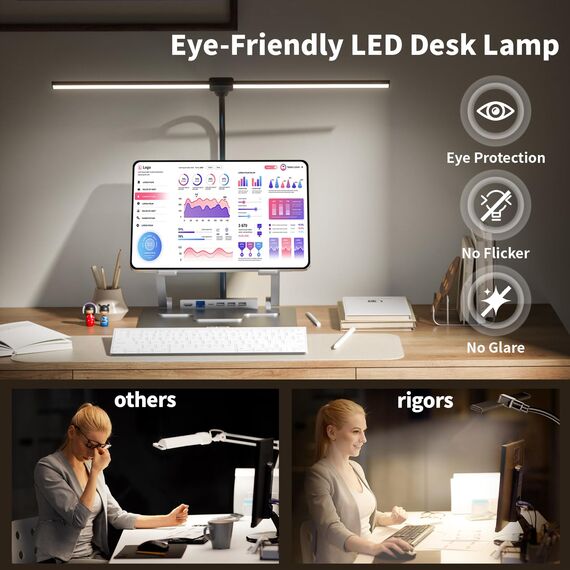 rigors 80CM Doppelkopf Schreibtischlampe LED Dimmbar, 1200LM Tageslichtlampe für Schreibtisch, Klemmbar Augenschutz Bürolampe 5 Farb 10 Helligkeit, 360° Schwanenhals Tischlampe mit Netzadapter