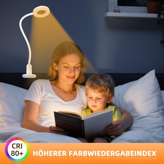Akynite Klemmleuchte USB Weiß mit Adapter und Kabel, 48 LED Make Up Schwanenhals Lampe, 3 Farbwechsel & 10 Helligkeit, Flexibel Leselampe Bettlampe Klemmbar, Bett Lampe Kopfteil Schreibtischlampe