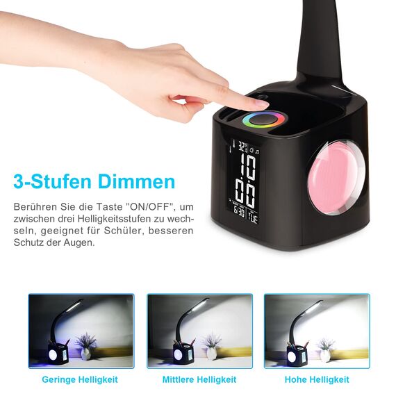 Wanjiaone Schreibtischlampe Kinder LED,Tischlampe Dimmbar mit Uhr, Nachttischlampe Tischleuchte mit 256 RGB Nachtlicht/Stifthalter/USB-Anschluss/3 Helligkeitsstufen/Wecker/für Studium, Büro