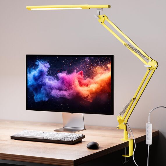 VERSKI Schreibtischlampe für das Heimbüro, Schreibtischlampe Klemmbar, Architektenleuchte mit QC3.0 Adapter, Fresnel Linse, Tischlampe, 5 Farbmodi und Helligkeit, Klemmlampe mit Speicherfunktion, Gelb