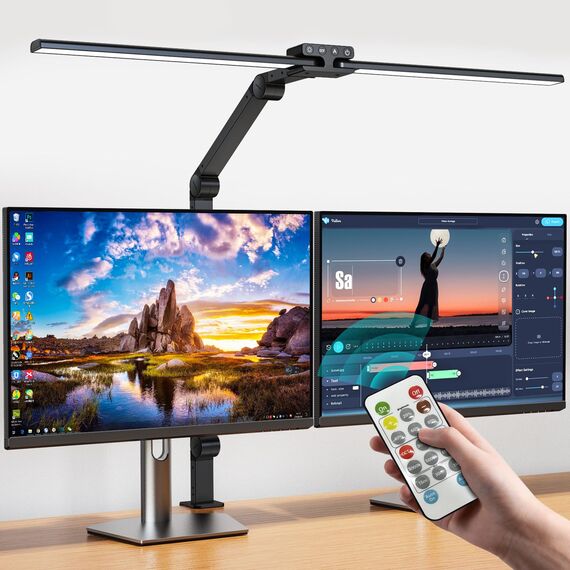 KableRika Schreibtischlampe LED Dimmbar, 24W Doppelkopf Schreibtischlampe Klemmbar mit Fernbedienung, Augenschutz Schreibtischleuchte für Homeoffice, büro tageslichtlampe beleuchtung, Monitor Lampe