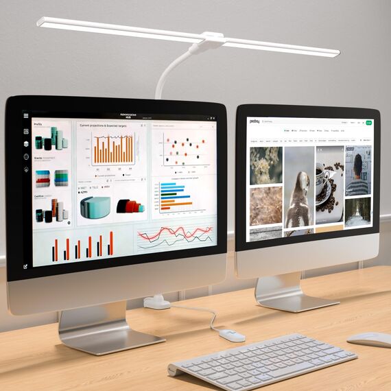 rigors 80CM Doppelkopf Schreibtischlampe LED Dimmbar, 1200LM Tageslichtlampe für Schreibtisch, Klemmbar Augenschutz Bürolampe 5 Farb 10 Helligkeit, 360° Schwanenhals Tischlampe mit Netzadapter (Weiß)