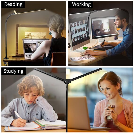 rigors 80CM Doppelkopf Schreibtischlampe LED Dimmbar, 1200LM Tageslichtlampe für Schreibtisch, Klemmbar Augenschutz Bürolampe 5 Farb 10 Helligkeit, 360° Schwanenhals Tischlampe mit Netzadapter