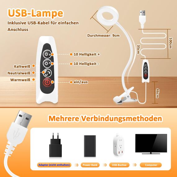 Akynite 48 LED Klemmleuchte mit 3 Farbwechsel und 10 Helligkeit, USB Schwanenhals Klemmlampe Flexibel mit Kabel, Leselampe Bett Kopfeil Klemme, Clip on LED Schreibtischlampe Weiss
