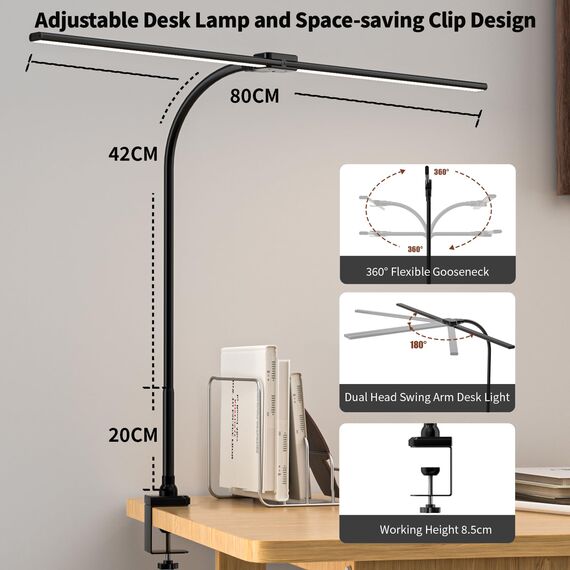 rigors 80CM Doppelkopf Schreibtischlampe LED Dimmbar, 1200LM Tageslichtlampe für Schreibtisch, Klemmbar Augenschutz Bürolampe 5 Farb 10 Helligkeit, 360° Schwanenhals Tischlampe mit Netzadapter