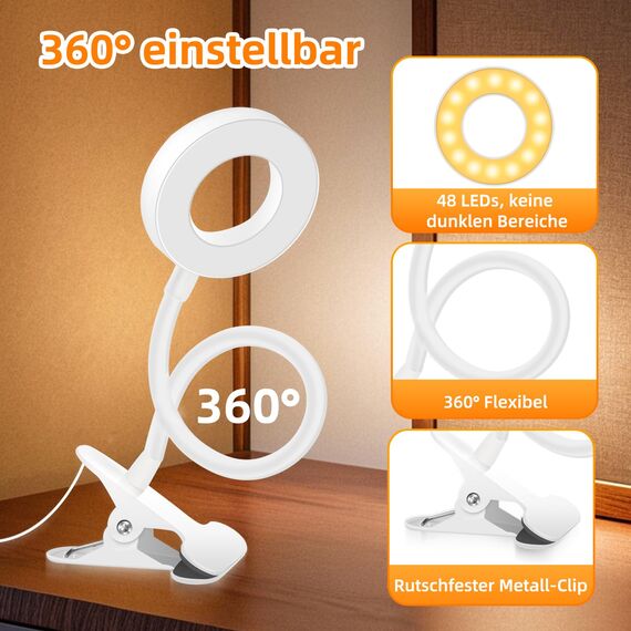 Akynite Klemmleuchte USB Weiß mit Adapter und Kabel, 48 LED Make Up Schwanenhals Lampe, 3 Farbwechsel & 10 Helligkeit, Flexibel Leselampe Bettlampe Klemmbar, Bett Lampe Kopfteil Schreibtischlampe