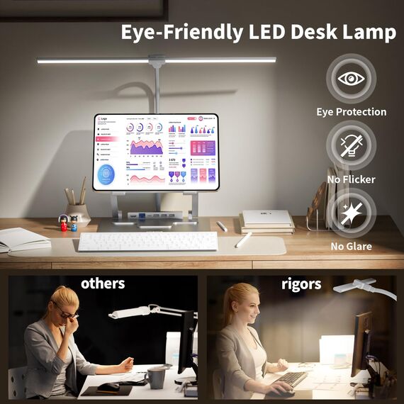 rigors 80CM Doppelkopf Schreibtischlampe LED Dimmbar, 1200LM Tageslichtlampe für Schreibtisch, Klemmbar Augenschutz Bürolampe 5 Farb 10 Helligkeit, 360° Schwanenhals Tischlampe mit Netzadapter (Weiß)