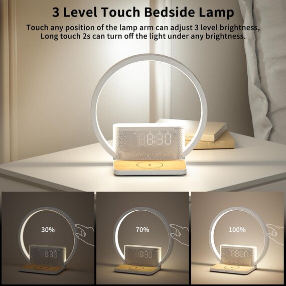 RETEYUNG Nachttischlampe mit 10W Kabelloser Ladefunktion,2 Wecker Tischlampe,Tageslichtwecker mit 10 Beruhigender Klang, Nachttischlampen Touch Dimmbar 3 Helligkeitsstufen (Art Deco)