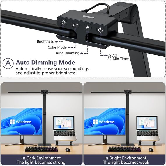 KableRika Schreibtischlampe LED Doppelkopf: 24W Dimmbar Schreibtischleuchte mit Metallbasis - Augenschutz büro tischlampe für Homeoffice - moderne tageslichtlampe beleuchtung für Monitor - Schwarz