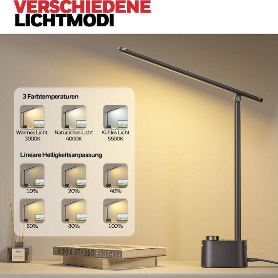 Honeywell Upgraded LED-Schreibtischlampe - H01 Pro Sunturalux™ klappbare Schreibtischlampe mit USB A+C Ladeanschluss, 3 Farbmodi dimmbare Tischlampe für Zuhause Büro Lesen (Schwarz)