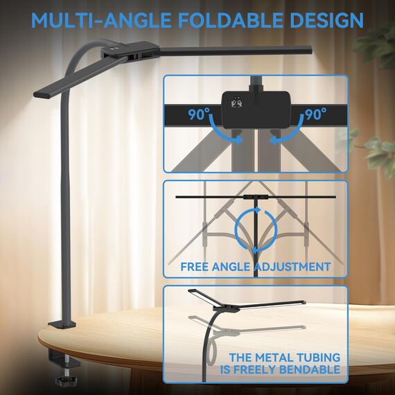 rigors 60CM Doppelkopf Schreibtischlampe LED Dimmbar, 900LM Tageslichtlampe für Schreibtisch, Klemmbar Augenschutz Bürolampe 5 Farb 10 Helligkeit, 360° Schwanenhals Tischlampe mit Netzadapter