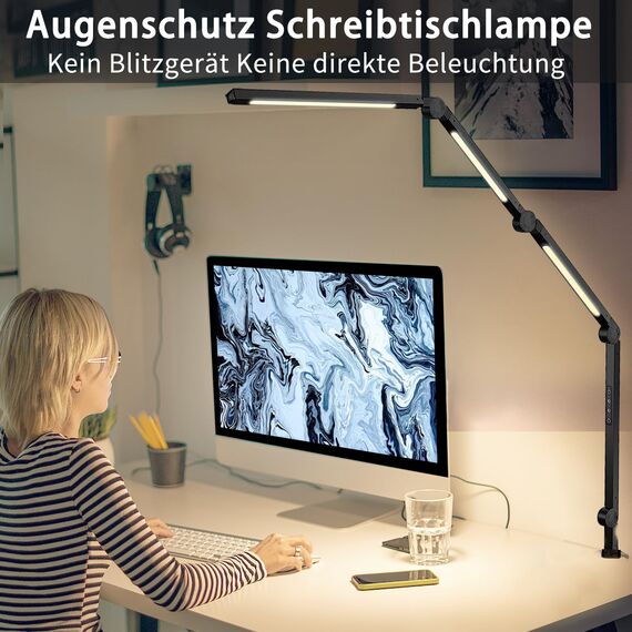 vimeepro Led Schreibtischlampe klemmbar,Tischlampe 4 Sektionen Schwingarm Tageslichtlampe Schreibtisch,Touch Control Helligkeitsstufen 5 Helligkeit 4 Farbmodi, Speicherfunktion desk Lamp