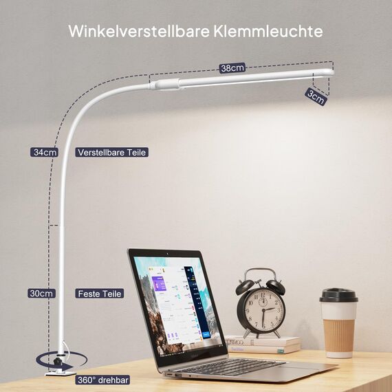 KableRika Schreibtischlampe LED dimmbar mit Gestensteuerung, Schreibtischlampe klemmbar mit 3 Farbmodi, Augenschutz-Tischlampe für Büro, Homeoffice & Monitor weiße
