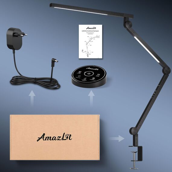 AmazLit Schreibtischlampe, Schreibtischlampe LED Dimmbar 12W, Doppelte Lichtquelle Schwenkarm Architektenlampe, Einstellbare Farbtemperatur Tischlampe Klemme,Bürolampe mit Fernbedienung