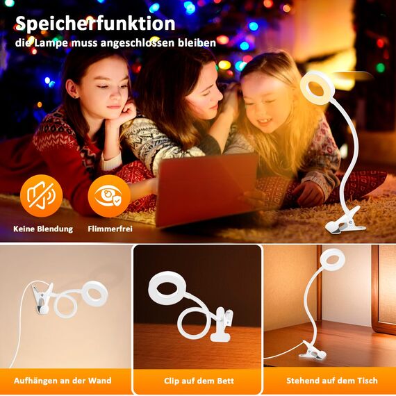 Akynite 48 LED Klemmleuchte mit 3 Farbwechsel und 10 Helligkeit, USB Schwanenhals Klemmlampe Flexibel mit Kabel, Leselampe Bett Kopfeil Klemme, Clip on LED Schreibtischlampe Weiss