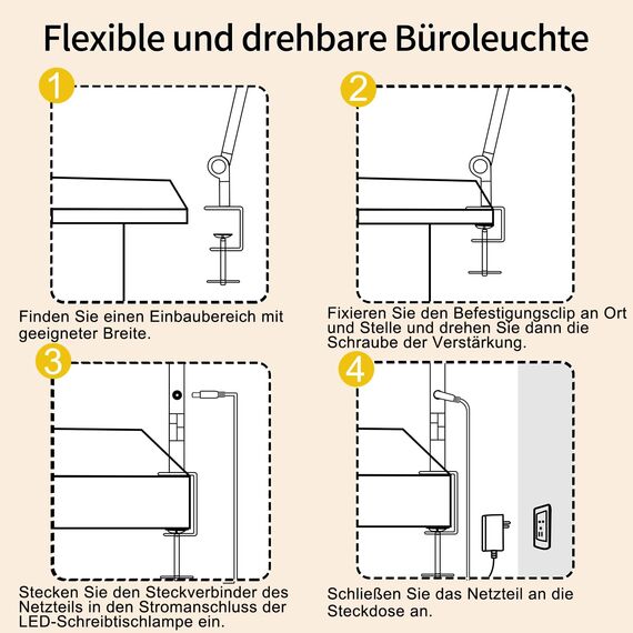 vimeepro Led Schreibtischlampe klemmbar,Tischlampe 4 Sektionen Schwingarm Tageslichtlampe Schreibtisch,Touch Control Helligkeitsstufen 5 Helligkeit 4 Farbmodi, Speicherfunktion desk Lamp