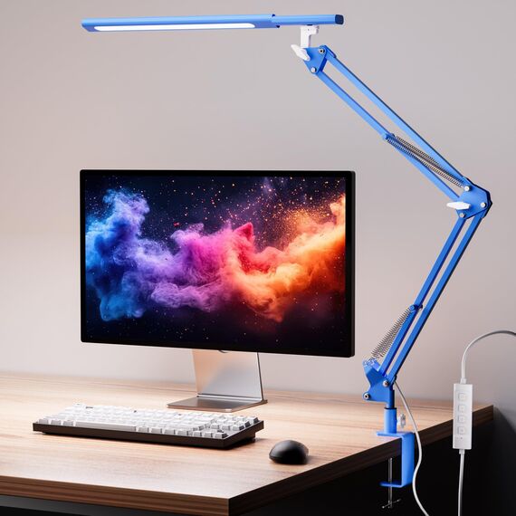 VERSKI Schreibtischlampe für das Heimbüro, Schreibtischlampe Klemmbar, Architektenleuchte mit QC3.0 Adapter, Fresnel Linse, Tischlampe, 5 Farbmodi und Helligkeit, Klemmlampe mit Speicherfunktion, Blau
