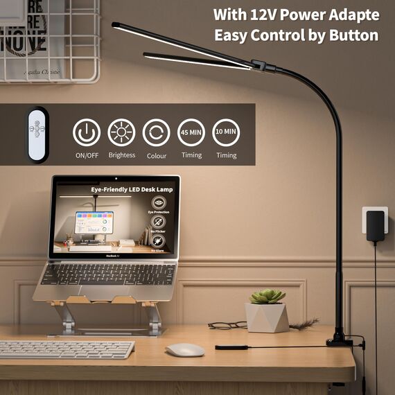 rigors 80CM Doppelkopf Schreibtischlampe LED Dimmbar, 1200LM Tageslichtlampe für Schreibtisch, Klemmbar Augenschutz Bürolampe 5 Farb 10 Helligkeit, 360° Schwanenhals Tischlampe mit Netzadapter