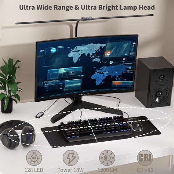 rigors 80CM Doppelkopf Schreibtischlampe LED Dimmbar, 1200LM Tageslichtlampe für Schreibtisch, Klemmbar Augenschutz Bürolampe 5 Farb 10 Helligkeit, 360° Schwanenhals Tischlampe mit Netzadapter