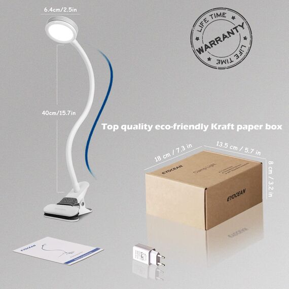 EYOCEAN Leselampe, LED Klemmleuchte, Schwanenhals Lampe, Kinder Nachttischlampe, 3 Farbmodi & 9 Helligkeitsstufen, Augenpflege Schreibtischlampe für Büro Heimgebrauch, Adapter Enthalten, 6W, Weiß