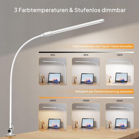KableRika Schreibtischlampe LED dimmbar mit Gestensteuerung, Schreibtischlampe klemmbar mit 3 Farbmodi, Augenschutz-Tischlampe für Büro, Homeoffice & Monitor weiße