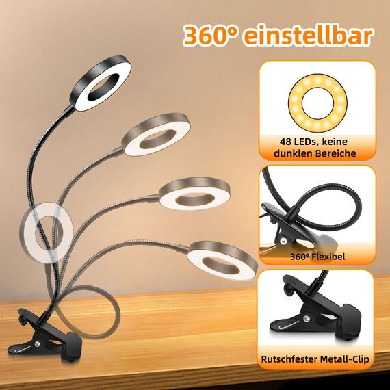 Akynite Klemmlampe Bett mit USB Adapter, 48 LED Schwanenhals Lampe, 3 Farbmodi 10 Helligkeit, Flexibel Leselampe Bett Klemmbar, Bettlampe Klemme, Lampe USB Klemmleuchte Schwarz
