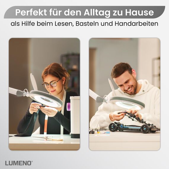 Lumeno dimmbare LED Lupenleuchte 8513GR mit großer 152 mm Echtglaslinse, einstellbare Helligkeitsstufen, geeignet als Arbeitsleuchte, Lupenlampe, Lesehilfe, 3 Dioptrien Grau