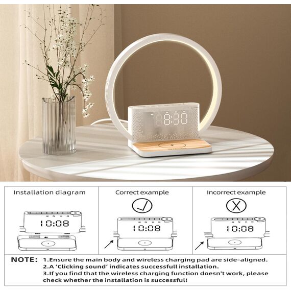RETEYUNG Nachttischlampe mit 10W Kabelloser Ladefunktion,2 Wecker Tischlampe,Tageslichtwecker mit 10 Beruhigender Klang, Nachttischlampen Touch Dimmbar 3 Helligkeitsstufen (Art Deco)