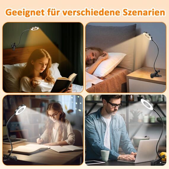Akynite Klemmlampe Bett mit USB Adapter, 48 LED Schwanenhals Lampe, 3 Farbmodi 10 Helligkeit, Flexibel Leselampe Bett Klemmbar, Bettlampe Klemme, Lampe USB Klemmleuchte Schwarz