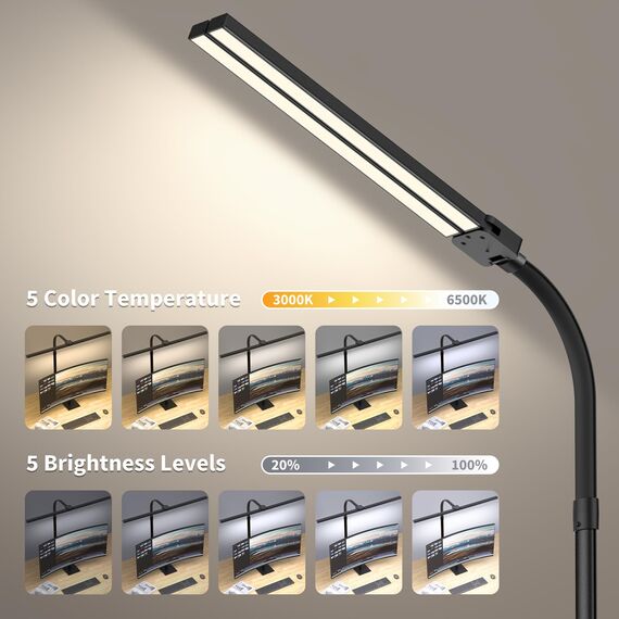 Kaulsoue Doppelkopf Schreibtischlampe LED dimmbar, Schreibtischlampen mit Fuß, 24W 80cm Tageslichtlampe, Augenpflege 5 Farbtemperaturen 5 Helligkeit, für Arbeit,Haus,Büro,Schlafsaal, Studie,Lesen