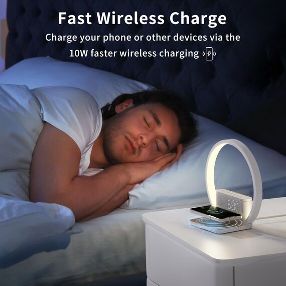 RETEYUNG Nachttischlampe mit 10W Kabelloser Ladefunktion,2 Wecker Tischlampe,Tageslichtwecker mit 10 Beruhigender Klang, Nachttischlampen Touch Dimmbar 3 Helligkeitsstufen (Art Deco)