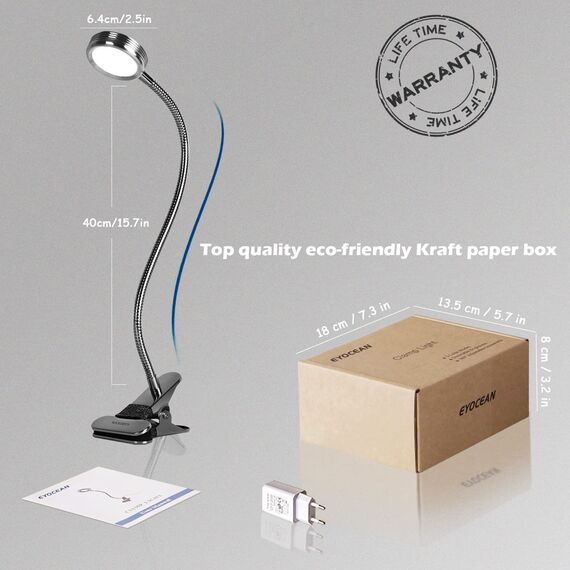 EYOCEAN Leselampe, LED Klemmlampe, 360° Flexibel Schwanenhals Lampe, 3 Farbmodi & 9 Helligkeitsstufen, Augenpflege Schreibtischlampe für Büro Heimgebrauch, CE Adapter Enthalten, 5W, Silber