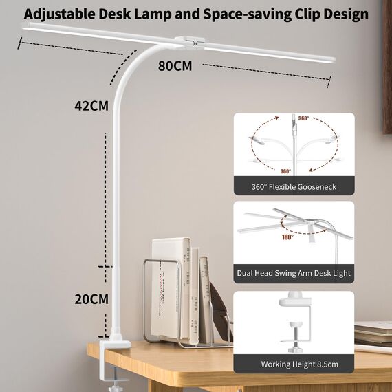 rigors 80CM Doppelkopf Schreibtischlampe LED Dimmbar, 1200LM Tageslichtlampe für Schreibtisch, Klemmbar Augenschutz Bürolampe 5 Farb 10 Helligkeit, 360° Schwanenhals Tischlampe mit Netzadapter (Weiß)