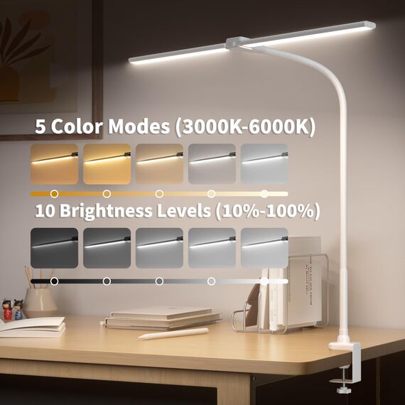rigors 80CM Doppelkopf Schreibtischlampe LED Dimmbar, 1200LM Tageslichtlampe für Schreibtisch, Klemmbar Augenschutz Bürolampe 5 Farb 10 Helligkeit, 360° Schwanenhals Tischlampe mit Netzadapter (Weiß)