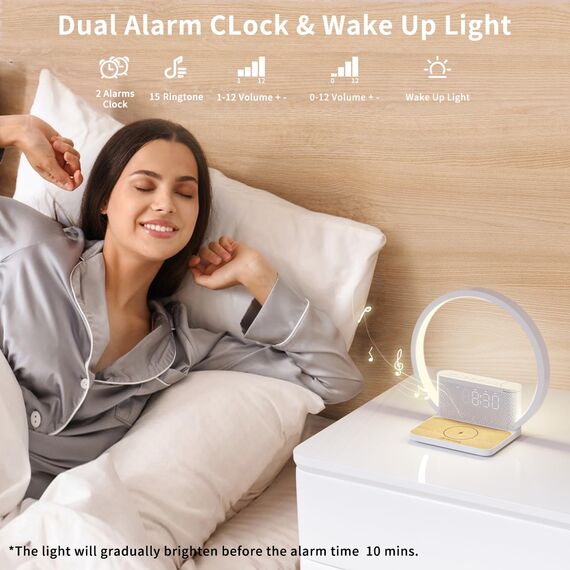 RETEYUNG Nachttischlampe mit 10W Kabelloser Ladefunktion,2 Wecker Tischlampe,Tageslichtwecker mit 10 Beruhigender Klang, Nachttischlampen Touch Dimmbar 3 Helligkeitsstufen (Art Deco)