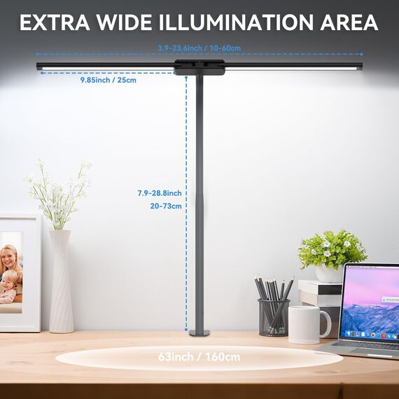 rigors 60CM Doppelkopf Schreibtischlampe LED Dimmbar, 900LM Tageslichtlampe für Schreibtisch, Klemmbar Augenschutz Bürolampe 5 Farb 10 Helligkeit, 360° Schwanenhals Tischlampe mit Netzadapter