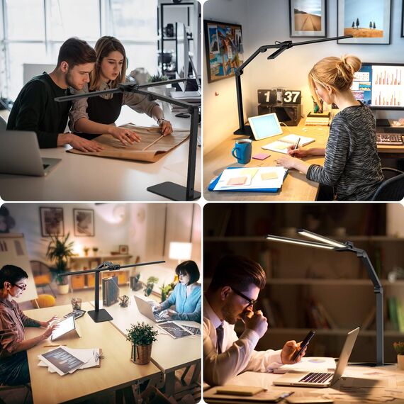 KableRika Schreibtischlampe LED Doppelkopf: 24W Dimmbar Schreibtischleuchte mit Metallbasis - Augenschutz büro tischlampe für Homeoffice - moderne tageslichtlampe beleuchtung für Monitor - Schwarz