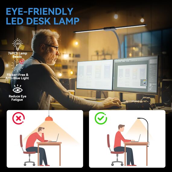 rigors 60CM Doppelkopf Schreibtischlampe LED Dimmbar, 900LM Tageslichtlampe für Schreibtisch, Klemmbar Augenschutz Bürolampe 5 Farb 10 Helligkeit, 360° Schwanenhals Tischlampe mit Netzadapter