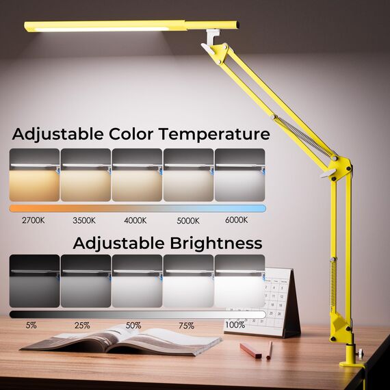 VERSKI Schreibtischlampe für das Heimbüro, Schreibtischlampe Klemmbar, Architektenleuchte mit QC3.0 Adapter, Fresnel Linse, Tischlampe, 5 Farbmodi und Helligkeit, Klemmlampe mit Speicherfunktion, Gelb